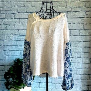 Blue Rain oversized mixed media pull over long sleeve flowy top